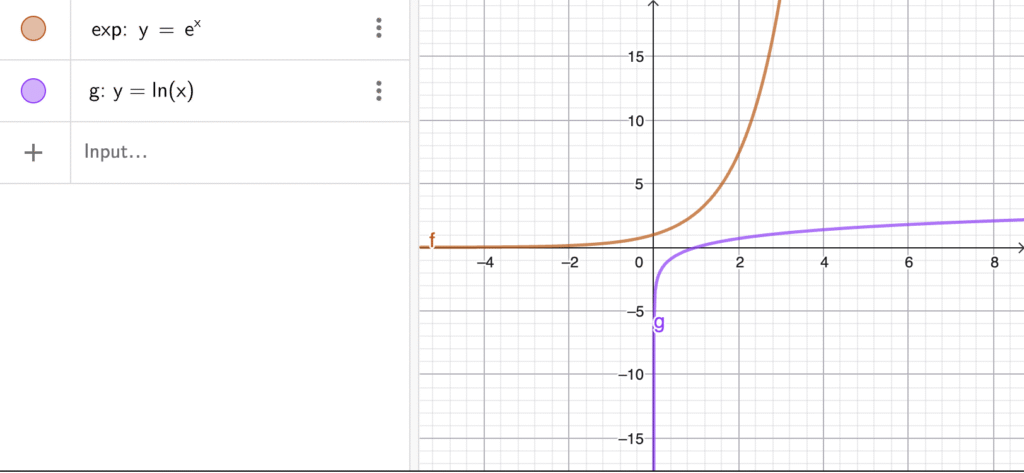 mirrored graphs of e^x and lnx on coordinate plane